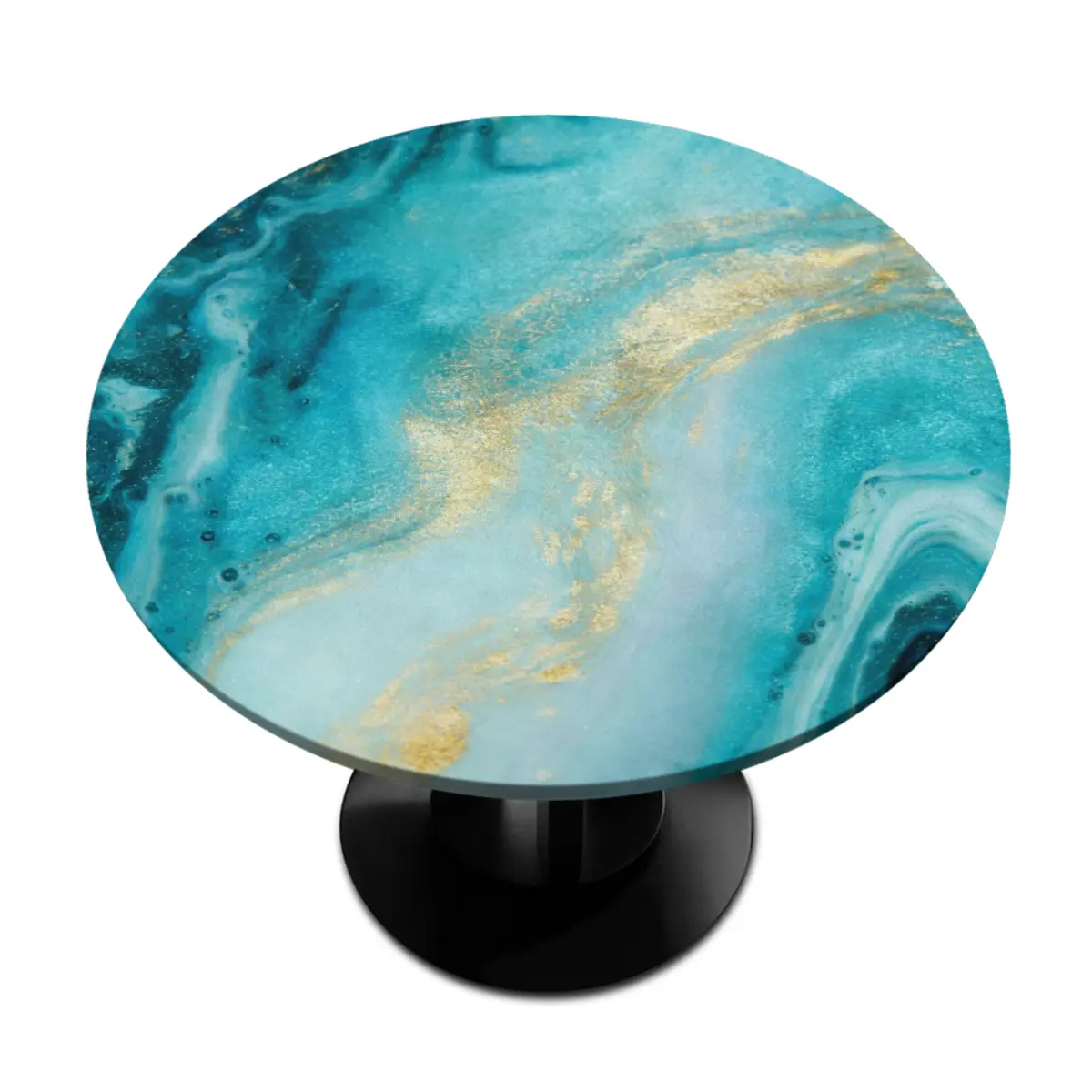 Elastic Stretch Spandex Turquoise-Teal Gold Glitter Marble Round Fitted Tablecloth, Wrinkle-Resistant Stainproof Waterproof Alcohol Ink Golden Swirl Print Protector for Coffee Side Tables, Modern Aesthetic Home Decor