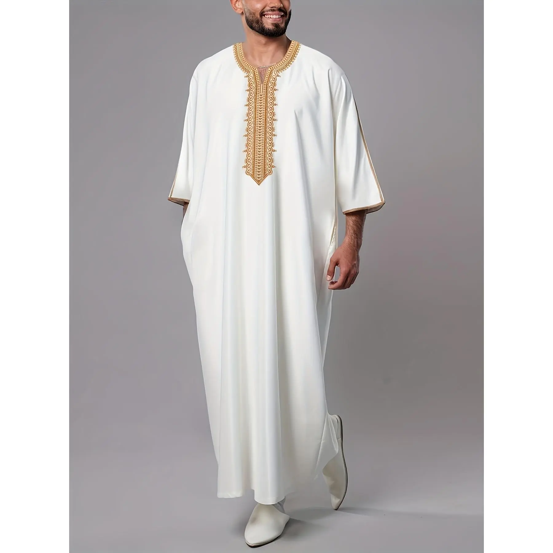 Eibbylink Menswear Half-Sleeve Plain White Woven Thobe - V-Neck Casual Nightwear Loungewear Robe, Side Pockets, Lightweight Polyester Blend, Cold Wash Safe, Ideal for Home Use & Traditional Occasions, Spring Fit