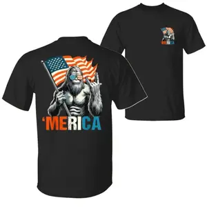 Bigfoot ’Merica Shirt, Funny Patriotic Tee Featuring Sasquatch Holding Flag & Throwing a Hand Gesture, Unisex Graphic Tee for Men & Women