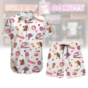 Dunkin Donuts Hawaiian Shirt Shorts Set Men Women Funny Donut Coffee Cup Print 2PC Loose Casual Aloha Summer Beach Vacation Food Lover Matching Outfit Gift