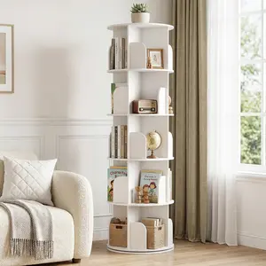 White 5-Tier 360° Rotating Bookshelf Tower – Freestanding Corner Bookcase with Lazy Susan, Space-Saving for Bedroom & Living Room