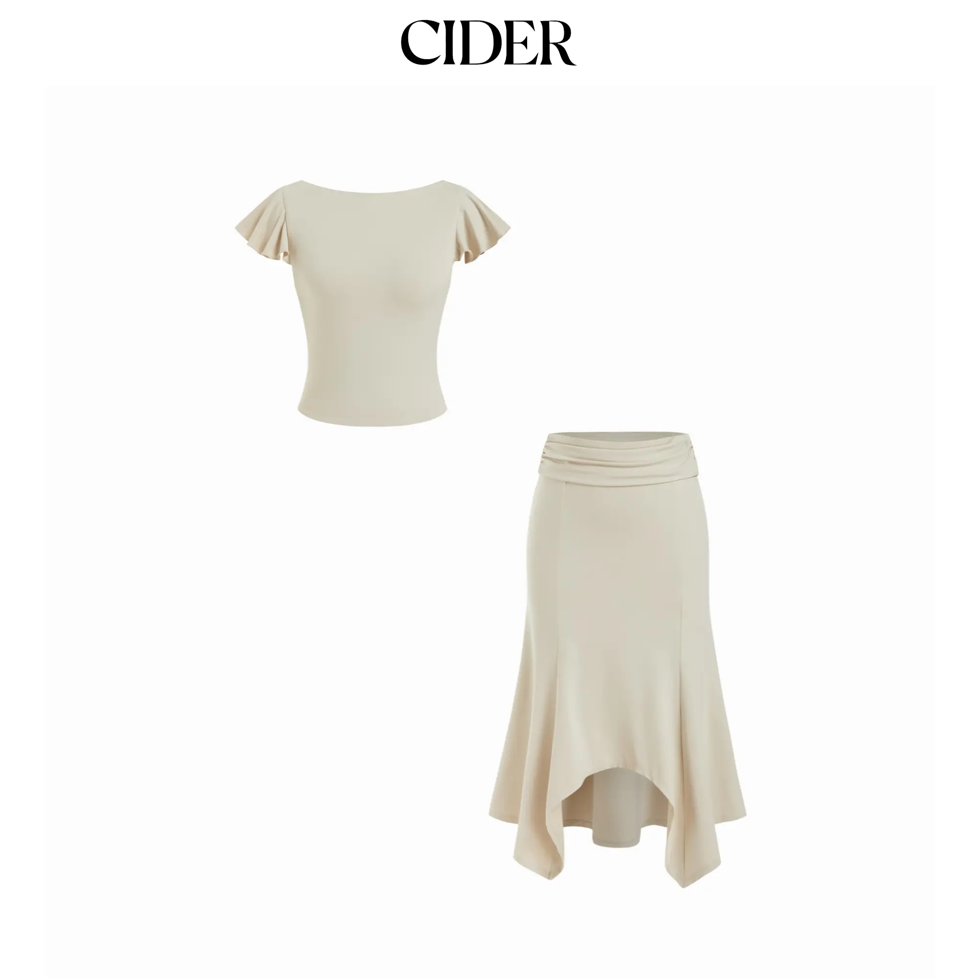 Cider Ruffled Sleeve Backless Crop Top & Low Rise Asymmetrical Hem Ruched Mermaid Maxi Skirt Set