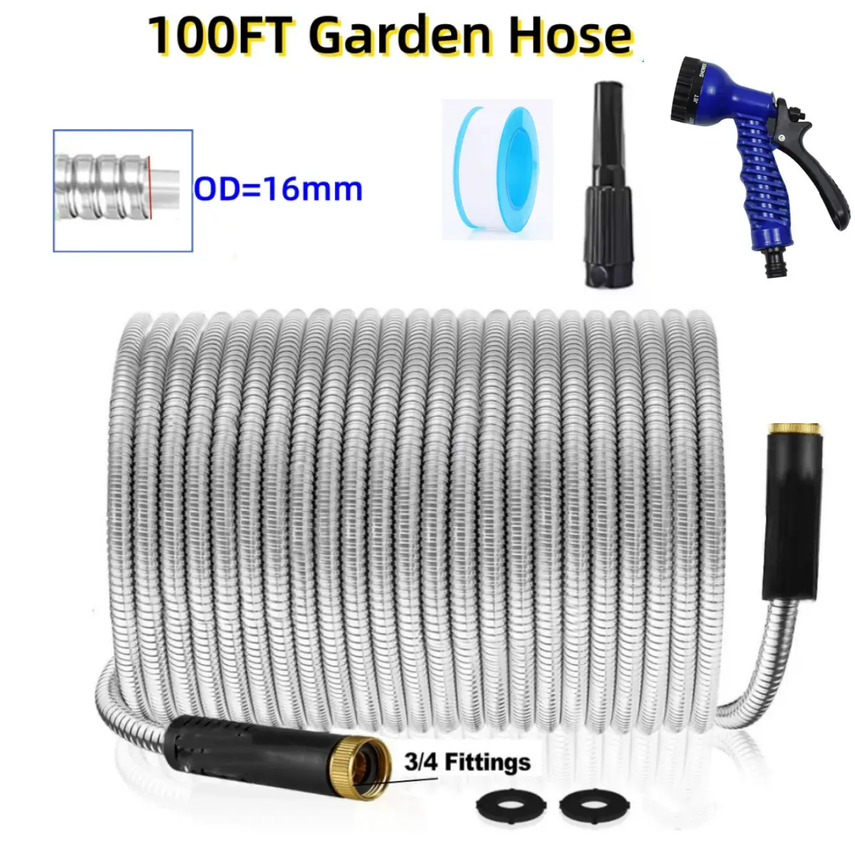 Nw11Lbs 25Ft/50Ft/100Ft Flexible Metal Garden Water Hose with 3/4" Connector, Multi-Function Nozzle, 304 Stainless Steel Heavy Duty Garden Hose