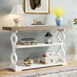 Tribesigns Farmhouse 55-Inch Console Table, Living Room Entryway Sofa Table, 3-Tier Wood Design with Storage Shelves, Grey and White
