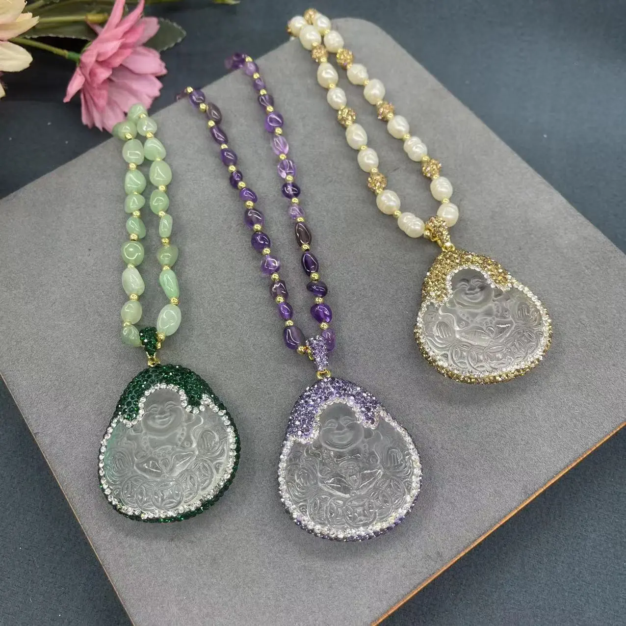 Elegant Gold Glass Maitreya Buddha Pendant with Buddha Figure Inlay, Green Border Full Diamond Accents, High-End Natural Stone Chic Artificial Gemstone Necklaces & Pendants Fashion Jewelry a-z letter pendant chain Zirconia Initial Letter Set day gift men