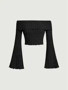 Women's Off-the-Shoulder Ruffled Sleeve | Black Flared Long-Sleeve Fitted T-Shirt An Off-the-Shoulder Top for Casual Autumn & Winter Outfits Womenswear