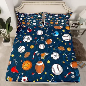 Sports Theme Luxury Fitted Sheet,3D Blue Ball Bedding Set,Baseball Football Basketball Bed Sheet Set,Competitive Games Room Decor Bed Cover, Bedroom Bedding Set, Decorative Bedding Set