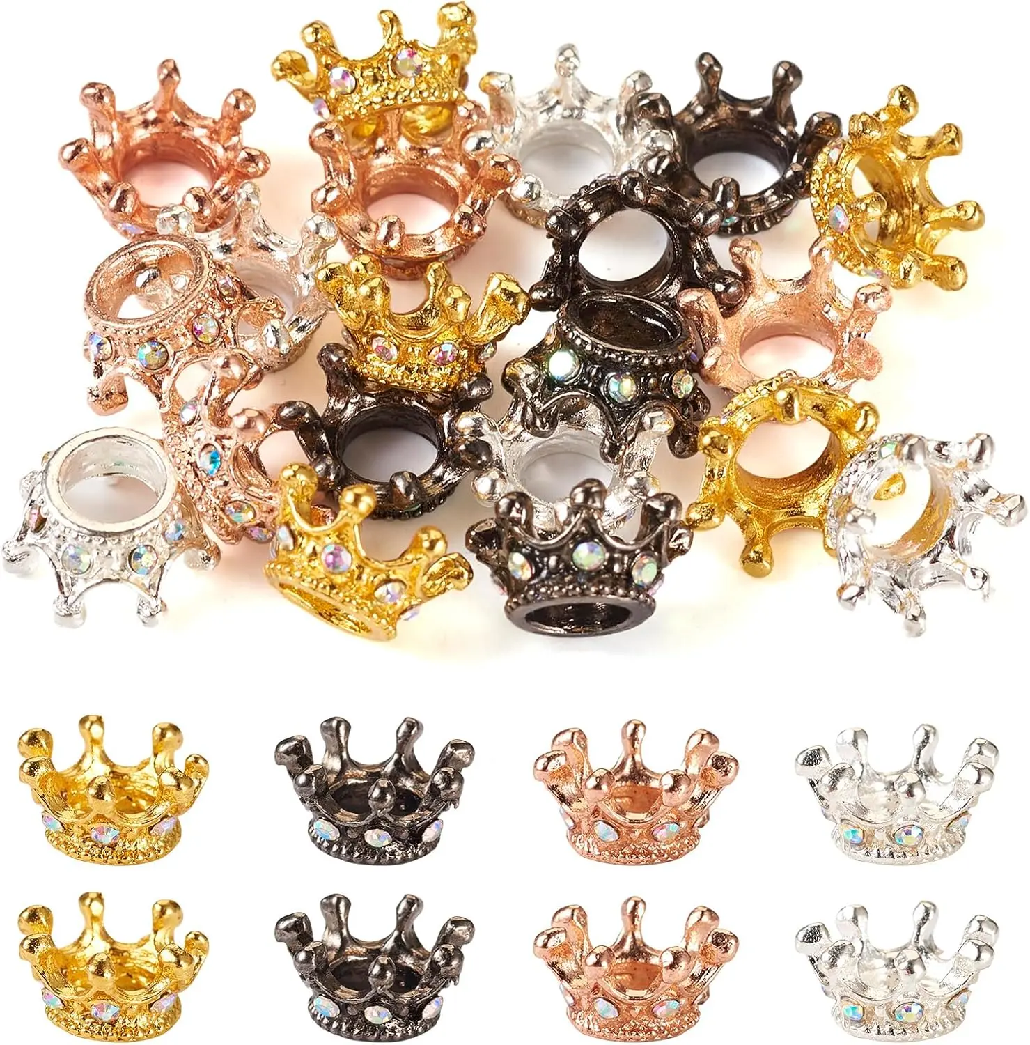 20 count Alloy Large Hole Crown Beads 11.5-12mm Mini   Crown Charms Rhinestone Spacer Beads Metallic European Beads for Crafts DIY Pen Bracelet  Making Supplies
