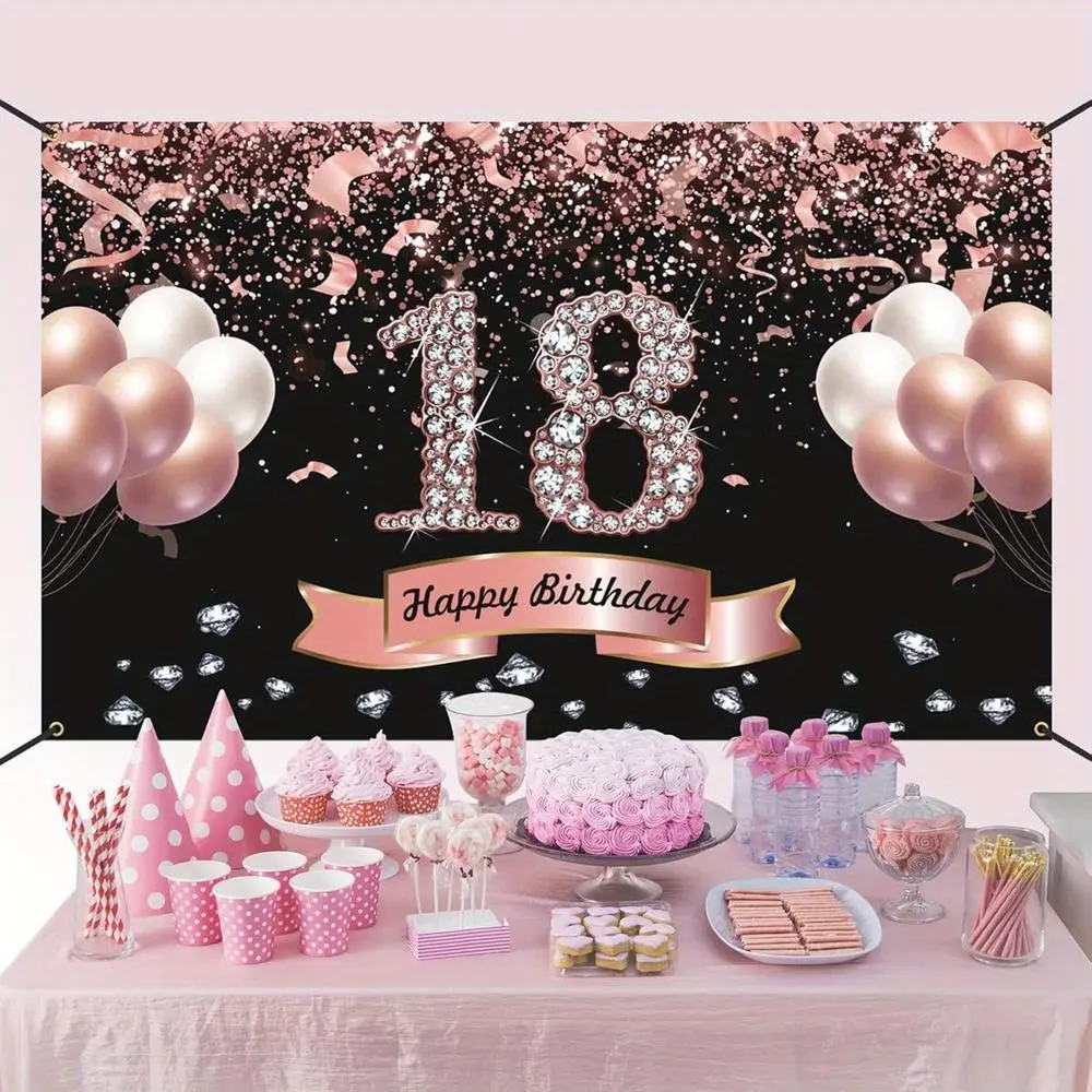 1pc Rose Gold 2D Polyester Flat Backdrop with Rose Print, 5.6ft 1-Piece Happy 18th Birthday Decor for Girls Party, Ceremony & Christmas Photography Banner Supplies, Happy Birthday