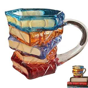Novelty 3D Book-Design Coffee Mug, Stack of Books Themed 11oz Glass Cup, Unique Gift for Librarians, Writers & Book Lovers, Literary Enthusiast Present with Artistic Design