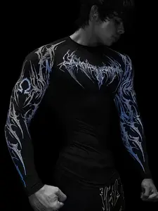 Men's Gothic Thorn Print Slim Fit Long Sleeve T-Shirt, Sporty Round Neck, High Elasticity Quick-Dry Breathable Fabric, Ideal for Fitness and Daily Wear