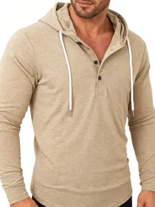 Men's All-Seasons Outfits Heather Pure Color Henley Hoodie, Long Sleeve, 4-Button Placket, Drawstring Hood, Slim Fit Soft Fabric, Casual Hooded Top for Daily Wear & Street Style