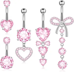 Zankulas Dangle Belly Button Rings Piercing Jewelry for Women Surgical Stainless Steel Dangling Belly Ring Pack with Heart Bow Elements 14g
