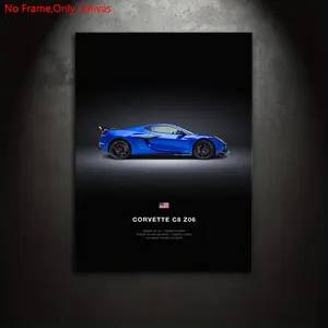 1 Piece/Set Frameless Canvas Painting Print Poster,Classic Realism Minimalist Vehicle Pop Art,Blue Sports Car C8 Z06,Perfect Ideal Gift for American Supercar Fan,Bedroom,Study,Office,Living Room,Dorm Hallway,Toilet,Kitchen,Mural,Wall Decoration,Room Decor
