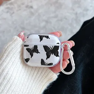 Butterfly Symphony Pattern Protective Case for AirPods 4/3/2/1/Pro/Pro2 Soft TPU Earphone Cover, Transparent with Keychain