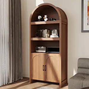 Mid-Century Modern Arched Bookcase Cabinet – 71" Tall 5-Tier Wooden Pantry with Adjustable Shelves & Fluted Doors Storage Display Unit for Dining Room Kitchen Living Room Home Office – Brown