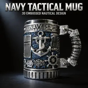 3D Navy Themed Stainless Steel Mug, Nautical Anchor Ship Wheel Tactical Tankard, Collectible Drinkware Gift for Sailors Veterans Dad