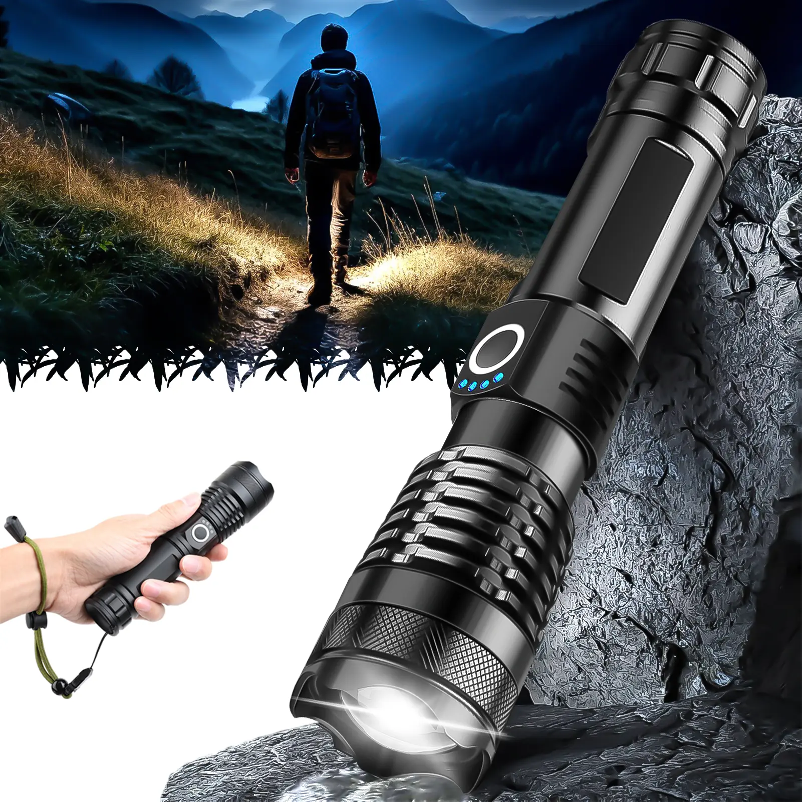 ISUNMEA LED Flashlight, High-Power 1,000,0 Lumens Super Bright Tactical Flashlight, Rechargeable, 5 Modes with Zoom, Waterproof, outdoor use, home, camping, and hiking, ayrun flashlight tech, Zoomable Rechargeable Tactical Flashlight