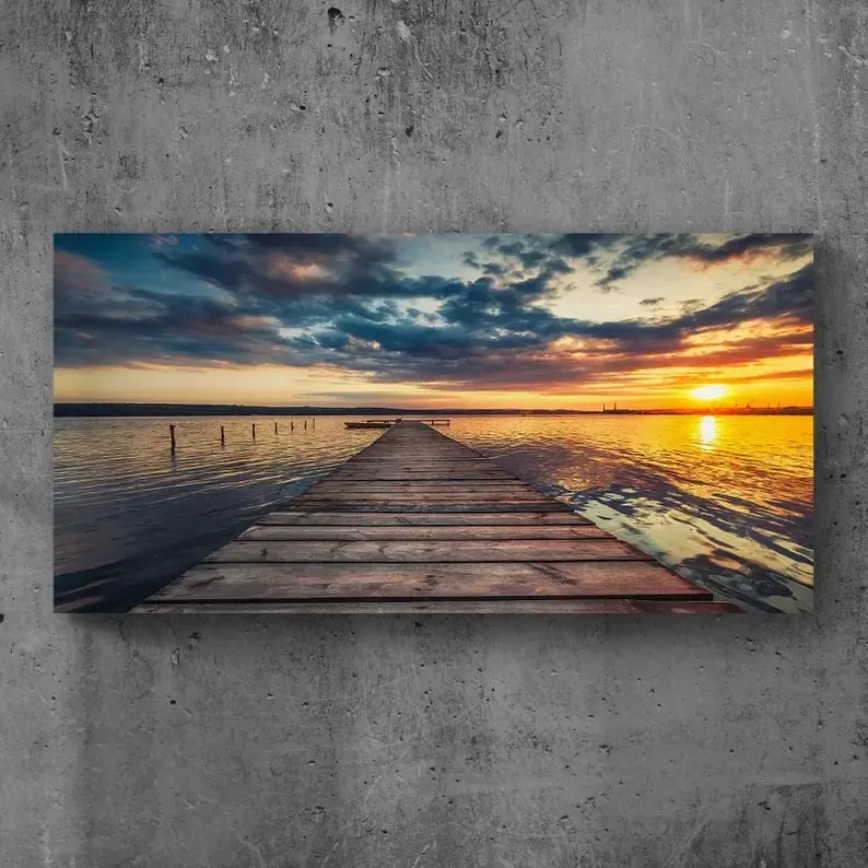 Small Dock By The Vibrant Lake Canvas Wall Art| Sunset Pier Wall Art Canvas| Coastal Beach Artwork| Modern Living Room Wall Decor