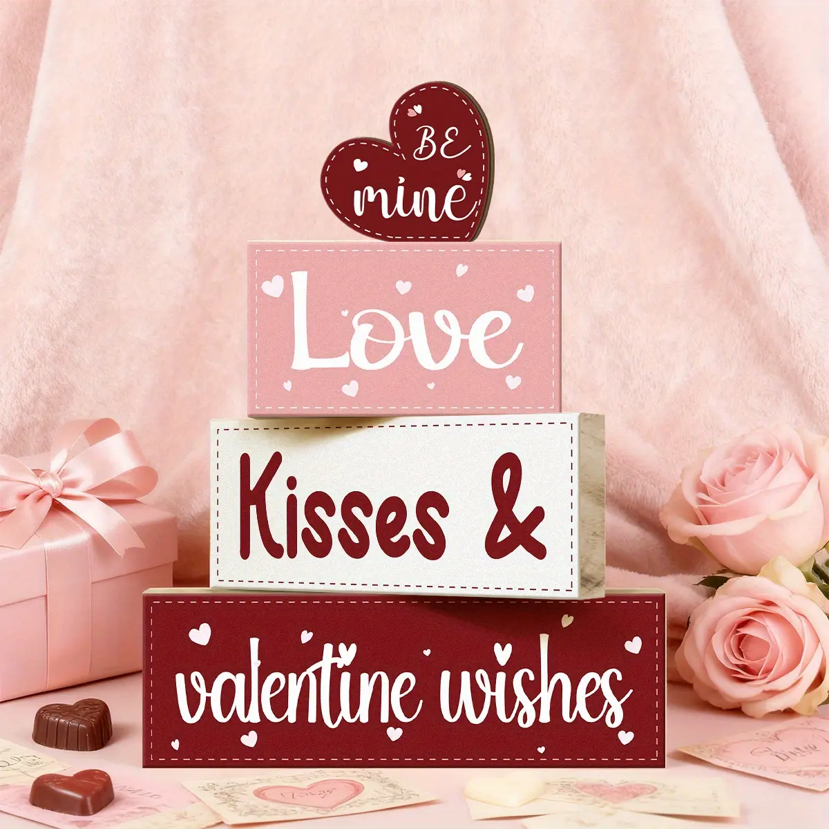 4 Pcs Valentine Decorative Sign & Plaque Love Kisses Valentine Wishes Wooden Blocks, Table Centerpiece, Tiered Tray Decor & Decorative Stacked Blocks for Coffee Table, Fireplace Mantel, Floating Shelf