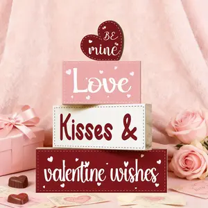 4 Pcs Valentine Decorative Sign & Plaque Love Kisses Valentine Wishes Wooden Blocks, Table Centerpiece, Tiered Tray Decor & Decorative Stacked Blocks for Coffee Table, Fireplace Mantel, Floating Shelf
