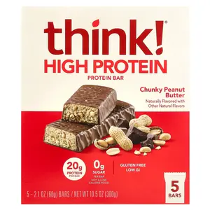 Think ! High Protein Bars, Chunky Peanut Butter, 5 Bars, 2.1 oz (60 g) Each