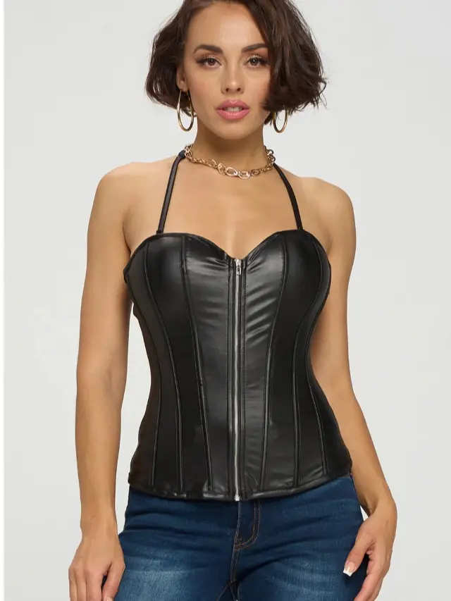 Black and Brown Leathered Corset Top with Zipper Front and Halter Straps for Women