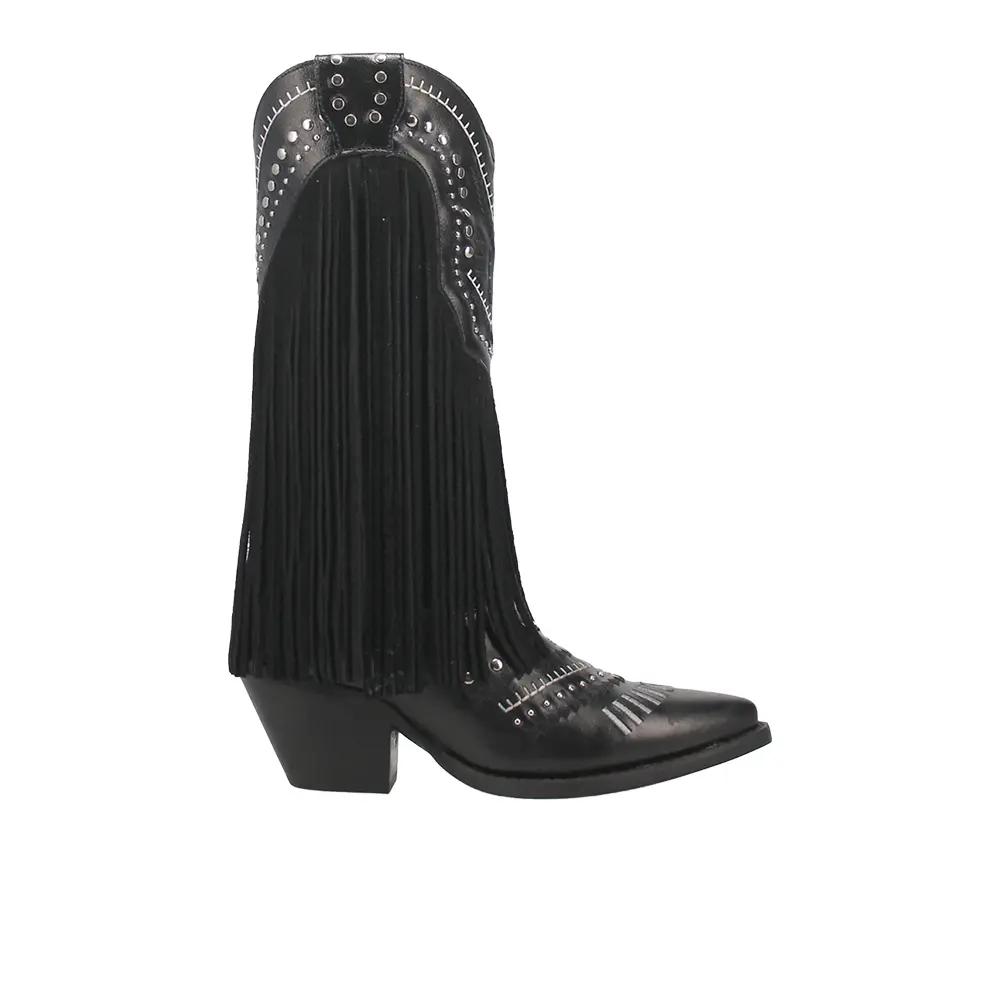 Dingo Womens Gypsy Studded Fringe Metallic Snip Toe Pull On  Casual Boots Mid Calf Mid Heel 2-3" - Black