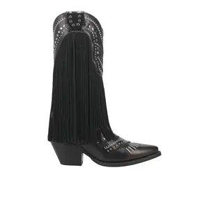 Dingo Womens Gypsy Studded Fringe Metallic Snip Toe Pull On  Casual Boots Mid Calf Mid Heel 2-3" - Black