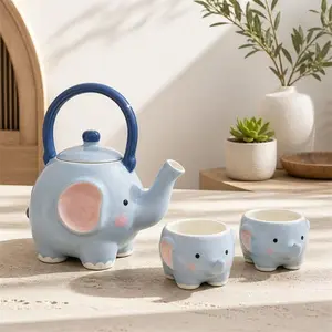 A120. Aesthetic Cute Elephant Ceramic Water Set — Minimalist Home Jug & Cup Tableware, Housewarming Gift Box