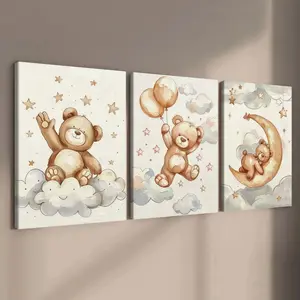 3-Pack Wooden Frame Canvas Posters, Soft Light Balloon Bear Series, Modern Art Decor, Waterproof, Gift for Home Office Bedroom