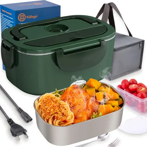 Nifogo Plug-In Electric Food Warmer Lunch Box - 110V/12V/24V Heat Retention Container with Tableware, Dish Cloth, Carry-Ready Bag, for Home & Office to Heat & Enjoy Meals