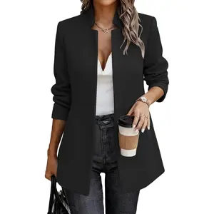Mina Self 2026 Spring Women's Herringbone Tweed Blazer Jacket - Long Fully Lined Open Front Work Office Coat with Pockets
