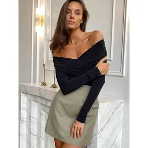 Women’s solid off-shoulder cross-wrap bodysuit, fashion casual long-sleeve slim-fit bodysuit for daily outdoor wear, women’s clothing for fall, womenswear