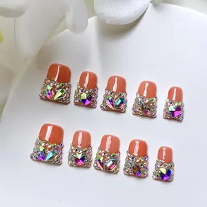 Glitter Rhinestone Decor Fake Nails, 10pcs/set Long Square Press on Nails for Women & Girls DIY Nail Art, Elegant Stick on Nails Kit, Illuminating Iridescent Glitter