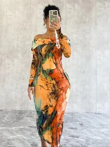 Women's Marble Print Ruched Off Shoulder Bodycon Dress, Elegant Style Long Sleeve Long Gown for Party Holiday Wedding Guest, Ladies Summer Clothes