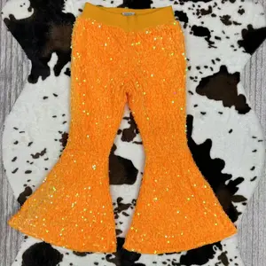 Girls' 4-5 Years All-Seasons Mid-Waisted Orange Sequined Flare Bottoms, Stylish Kids' Fashion Pants