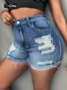 [Plus Size] Ripped High Waist Button Medium Wash Denim Shorts, Casual Fashionable Fit Womenswear Shorts for Daily Outdoor Wear, Women's Bottoms for Summer