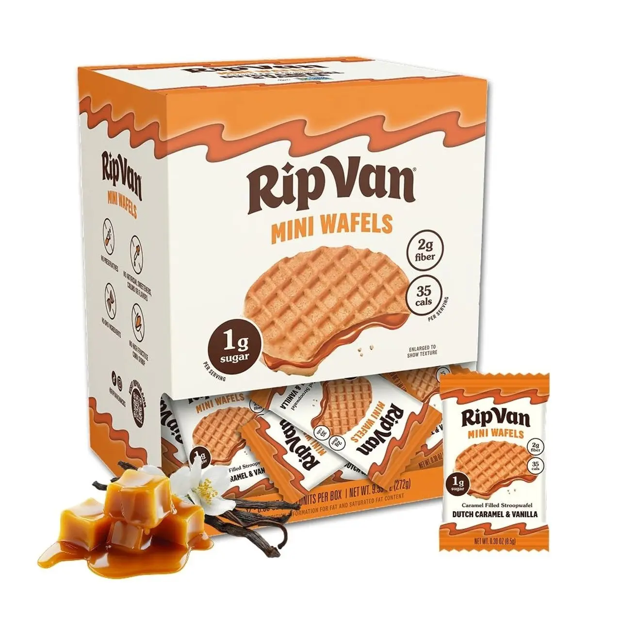 Rip Van Wafels Dutch Caramel Mini Stroopwafels - Low Carb Snacks (3g Net Carbs) - Non GMO Snack - Keto Friendly - Office Snacks - Low Calorie Snack (34 Calories) - Low Sugar (1g) - 32 Pack
