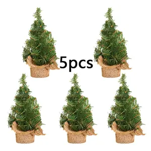 5Pcs Mini Christmas Trees 15cm-40cm Green with Linen Base Desktop Ornaments Store Window Displays Festive Decor Christmas Decor