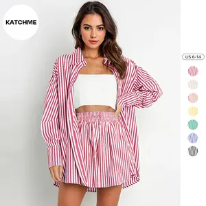 Katch Me Women's Versatile Color Matching Striped Long Sleeve Shirt & Drawstring Waist Shorts Pyjama Co-ord, Classy Loose Blouse & Wide Leg Shorts Two-Piece Set
