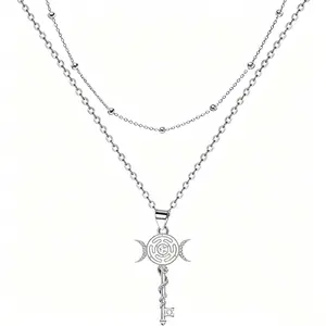 Zircon Double Chain Snake Key Celtic Knot Necklace Women Witch Protection Jewelry