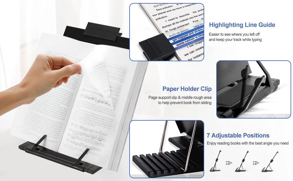 Desktop Document Holder Stand with 7 Adjustable Positions Black Metal File Organizer for Reading Typing Speech with Paper Clip and Line Guide