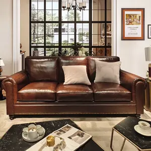 Barton Vintage American Style Sofa, Full Italian Top Grain Genuine Leather Luxury Living Room Lounge Couch