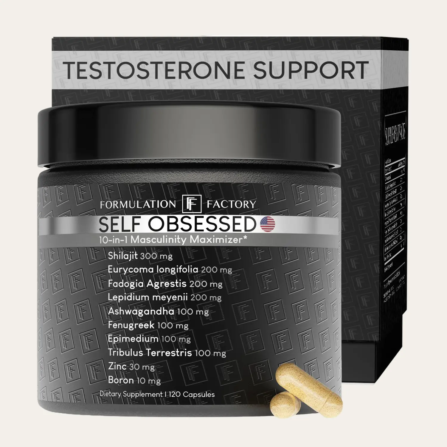 Formulation Factory 10-in-1 Natural Testosterone Booster Supplement for Men | Self Obsessed Shilajit & Tongkat Ali + Fadogia Agrestis, Ashwagandha, Vitamin D3, Energy, Strength, Support 120 Capsules