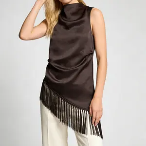 Women Cowl Neck Sleeveless Satin Blouse, Asymmetrical Fringe Trim High Neck Satin Top for Cocktail Party