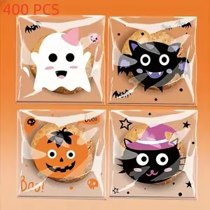 400 Pack Halloween Gift Set with Self-Sealing Candy and Cookie Bags, Fun Cartoon Design Treat Bags for Parties