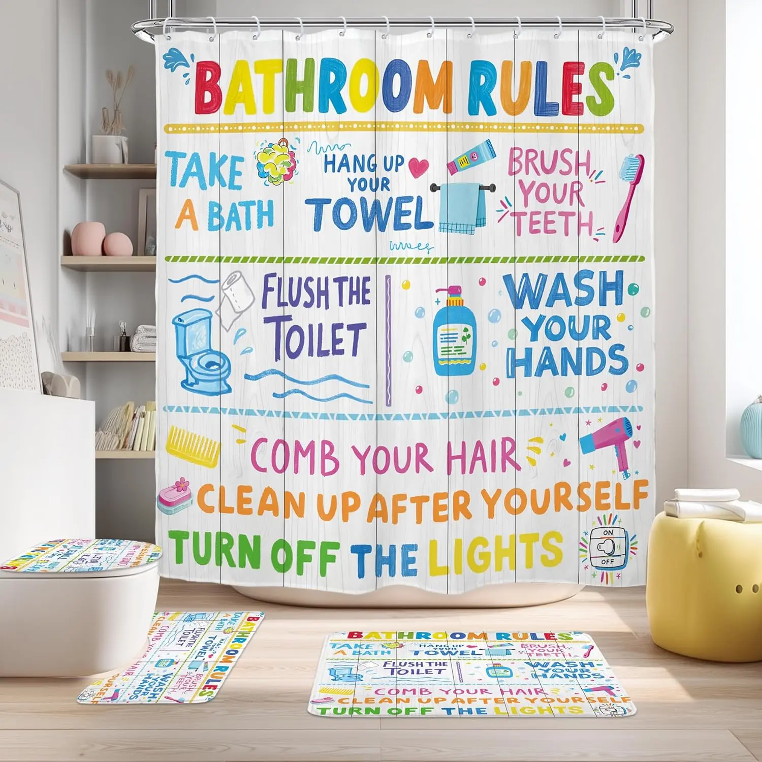 Riyidecor Funny Bathroom Rules 4Pcs Bathroom Shower Curtain Sets Colorful Cartoon Quotes Kids Bathroom Decor Set with Rugs and Accessories Wooden Toilet Lid Rug, Contour and Bath Mat with 12 Hooks