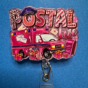 Postal Life Badge Reel with Mail Truck Design and Glittery Finish for Postal Workers