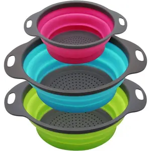 Collapsible Colander Set of 3 Round Silicone Kitchen Strainer Set - 2 count 4 Quart and 1 count 2 Quart- Perfect for Draining Pasta, Vegetable and fruit (green,blue, purple)